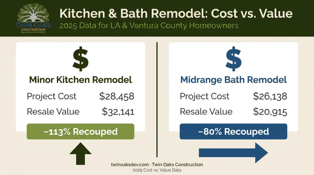Kitchen and bathroom remodel cost versus resale value ROI comparison infographic