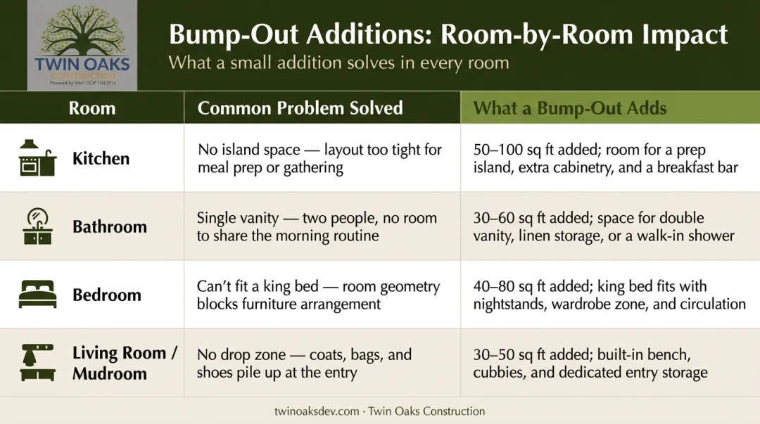 Bump-out addition room comparison table showing problems solved and space gained
