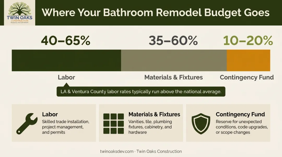 Bathroom remodel budget breakdown showing labor materials and contingency fund percentages