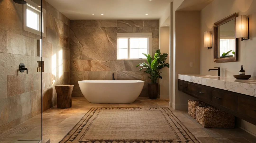 Modern bathroom with large-format tile statement wall and natural stone accents