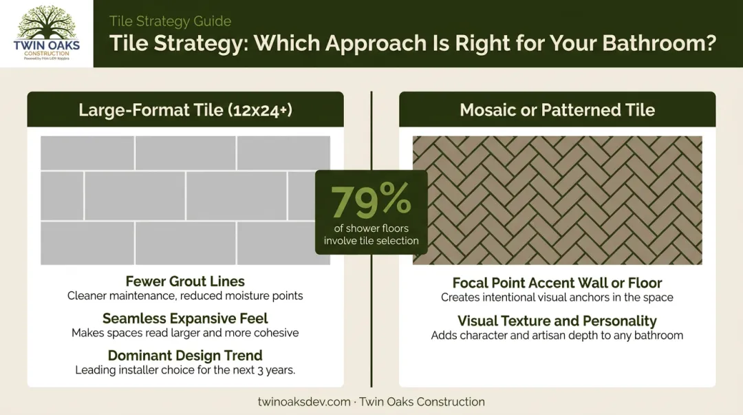 Large-format versus mosaic tile comparison infographic for bathroom design impact