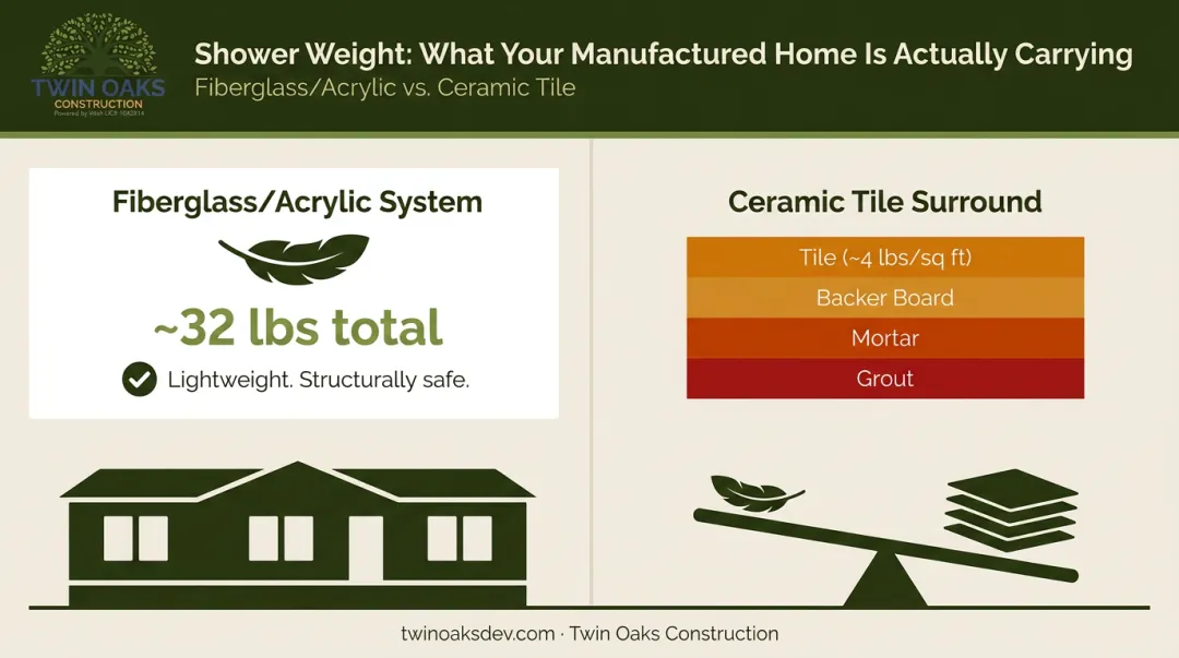 Fiberglass shower surround versus ceramic tile weight comparison infographic
