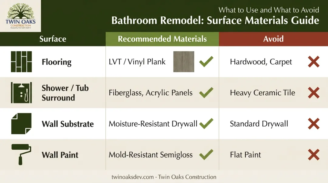 Manufactured home bathroom material selection chart recommended versus avoid by surface