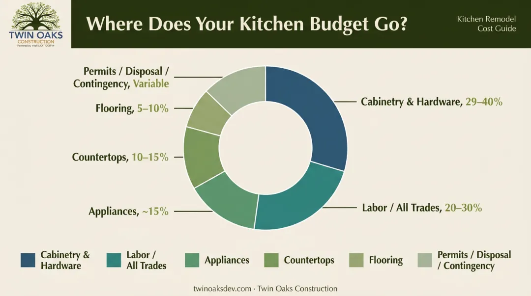Kitchen remodel total budget breakdown by cost category percentage pie chart