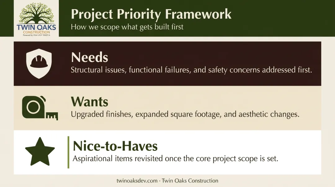 Whole house remodel goal-setting framework needs wants and nice-to-haves tiers