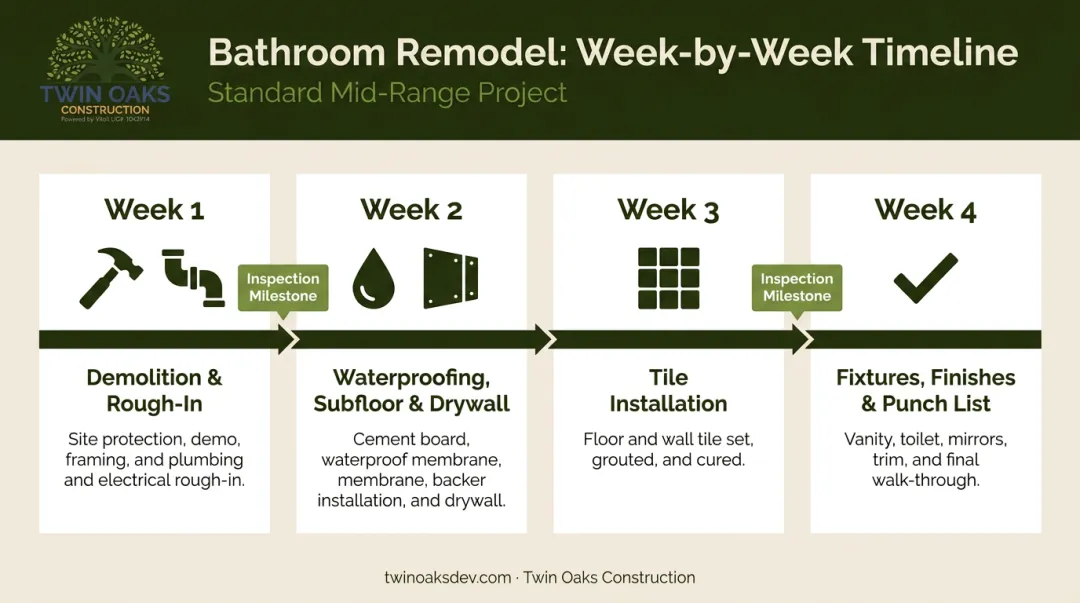 Four-week bathroom remodel construction phase timeline week by week breakdown