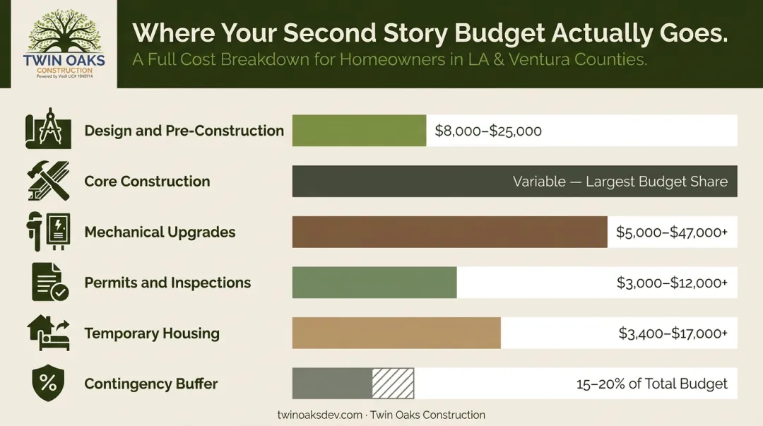 Complete second story addition budget breakdown across six cost categories
