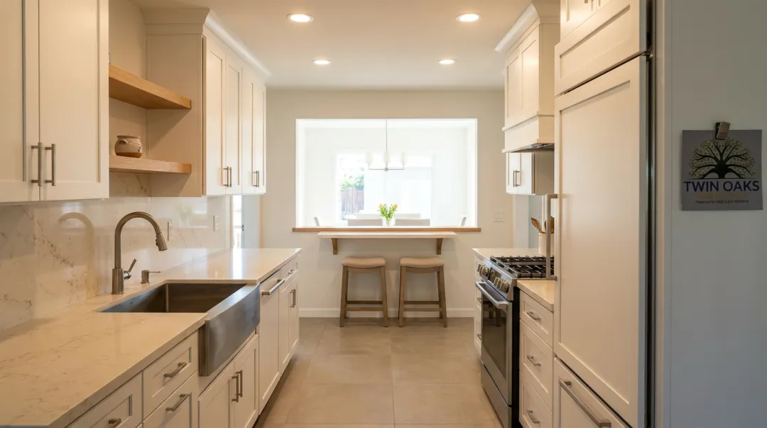Modern galley kitchen with pass-through window open to adjacent dining area