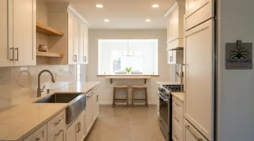 Modern galley kitchen with pass-through window open to adjacent dining area