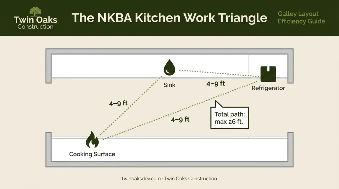 NKBA kitchen work triangle diagram showing sink stove and refrigerator placement
