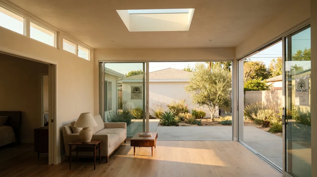 Sunlit Southern California home addition interior with large sliding glass doors and skylights