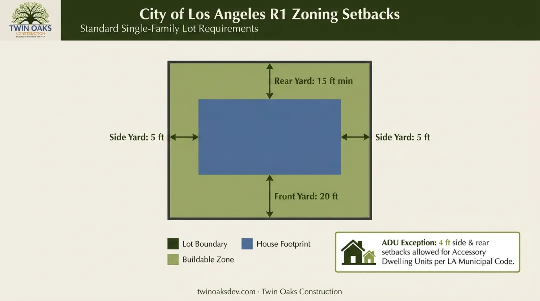 LA R1 zoning setback rules diagram showing lot constraints for home additions