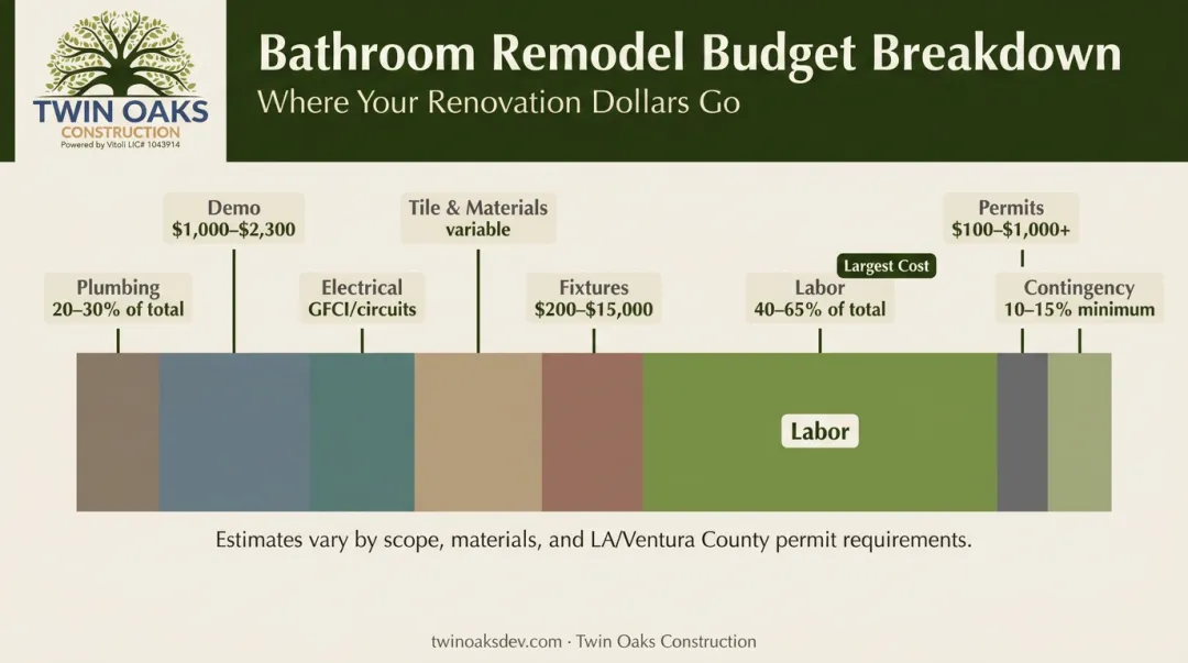 Bathroom remodel budget breakdown table showing cost categories and percentage ranges