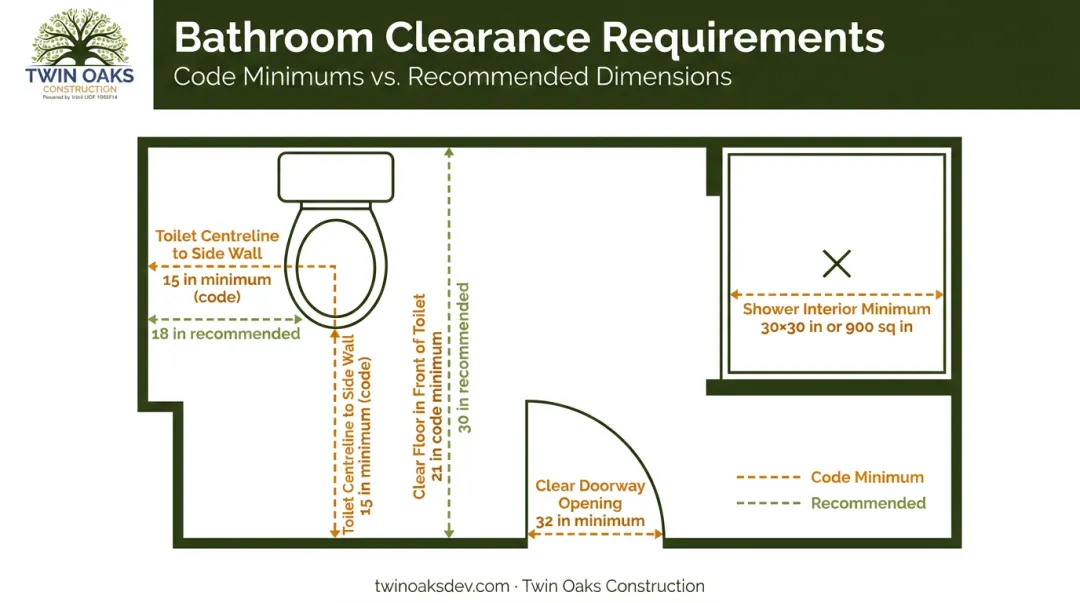 Bathroom layout clearance dimensions diagram for toilet shower and doorway measurements
