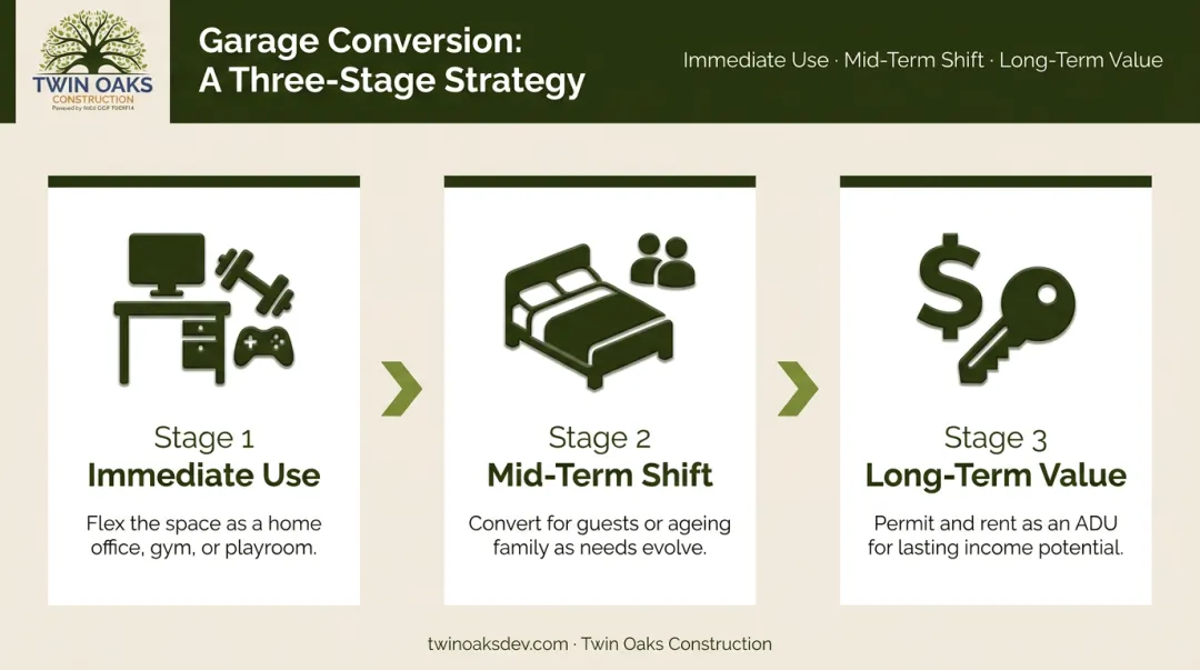 Three-stage garage conversion lifecycle from home office to ADU rental income