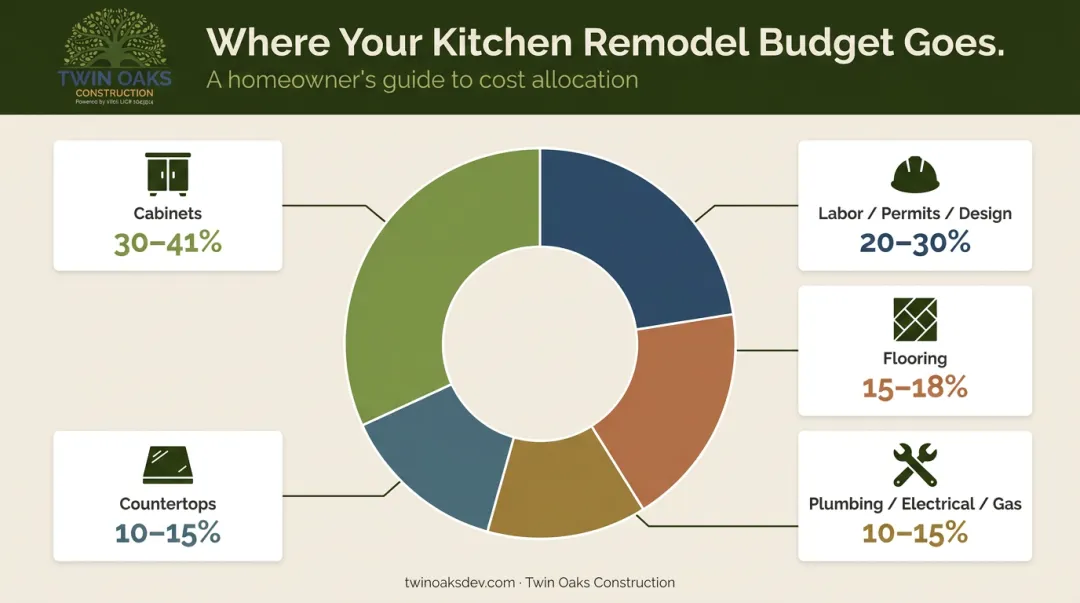 12x12 kitchen remodel budget breakdown by component percentage pie chart