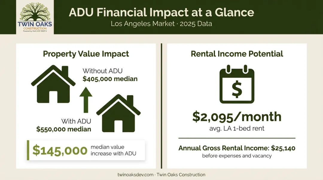 Garage ADU conversion ROI comparison showing property value increase and rental income offset