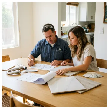 Contractor reviewing bathroom remodel plans