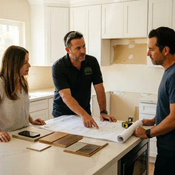 Contractor reviewing remodeling plans with homeowners