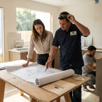 Design-build team reviewing home renovation plans