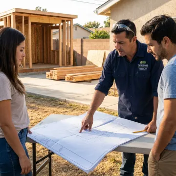 Contractor reviewing ADU plans at a home