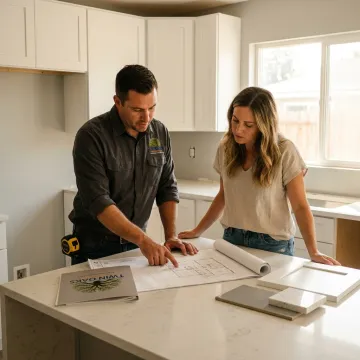 Contractor reviewing kitchen remodel plans