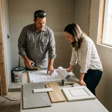 Contractor reviewing bathroom remodel plans with homeowner