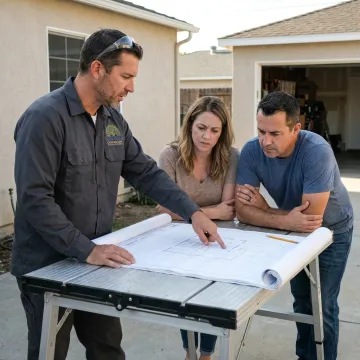 Contractor reviewing ADU plans with homeowners