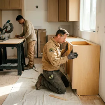Kitchen remodeling crew installing cabinets