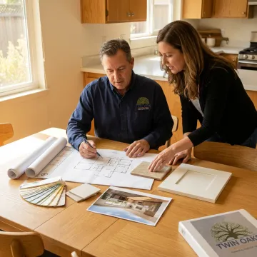 Remodeling contractor reviewing kitchen plans with homeowner