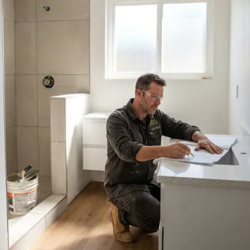 Modern bathroom remodel with contractor reviewing plans