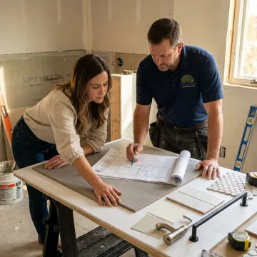 Contractor reviewing bathroom remodeling plans