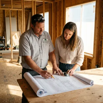Contractor reviewing blueprints at remodel site