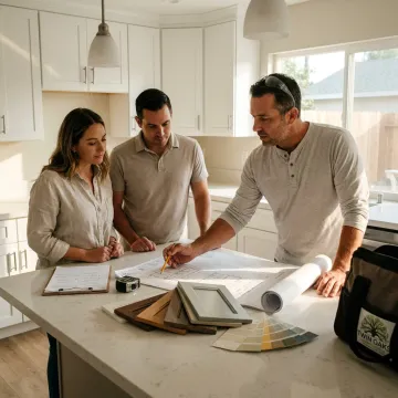 Contractor reviewing home remodeling plans with homeowners