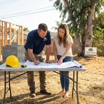 Contractor reviewing ADU plans with homeowner