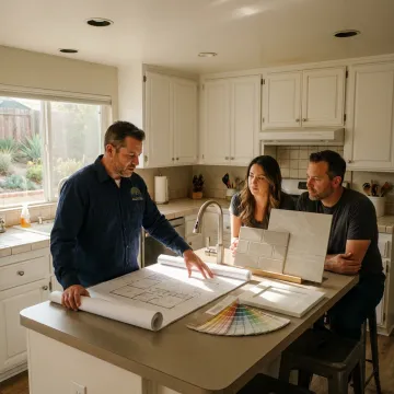 Remodeling team reviewing kitchen and bathroom design plans