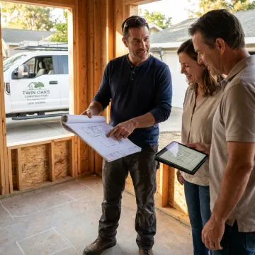 Contractor reviewing home plans with homeowners