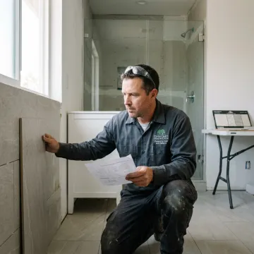 Bathroom remodeling contractor reviewing tile installation
