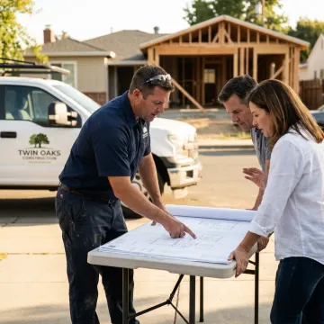 Contractor reviewing ADU plans at a residential property