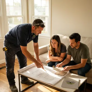 Home remodeling contractor discussing plans with homeowners