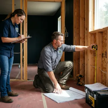 Remodeling crew reviewing blueprints inside a home