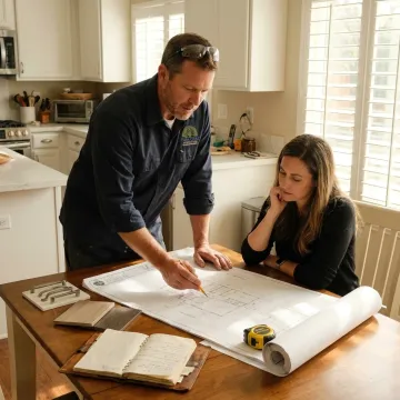 Contractor reviewing remodeling plans with homeowner