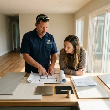 Contractor reviewing bathroom remodeling plans
