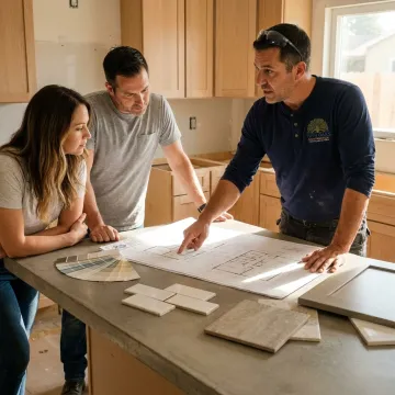 Contractor reviewing kitchen remodeling plans
