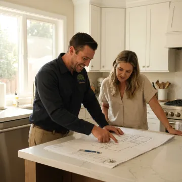 Contractor reviewing remodeling plans in a kitchen
