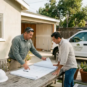 Contractor reviewing ADU plans with homeowner