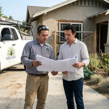 Contractor reviewing ADU plans at a home