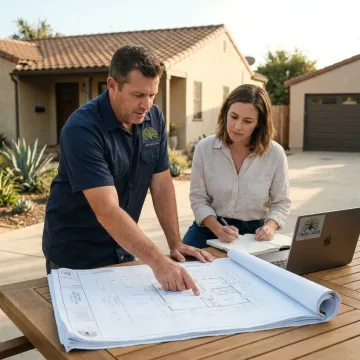 Contractor reviewing ADU plans with homeowner