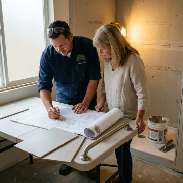 Contractor reviewing accessible bathroom plans
