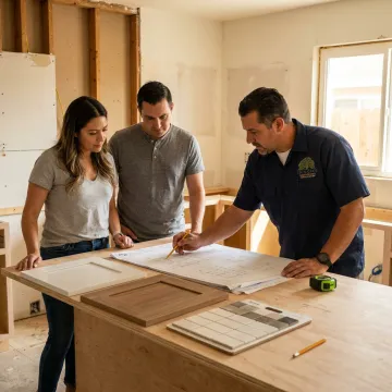Contractor reviewing remodeling plans with homeowners